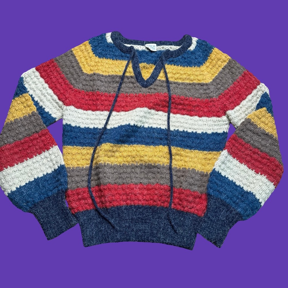 Vintage Striped Sweater Medium Multicolor Fuzzy Knit Drawstring V Neck